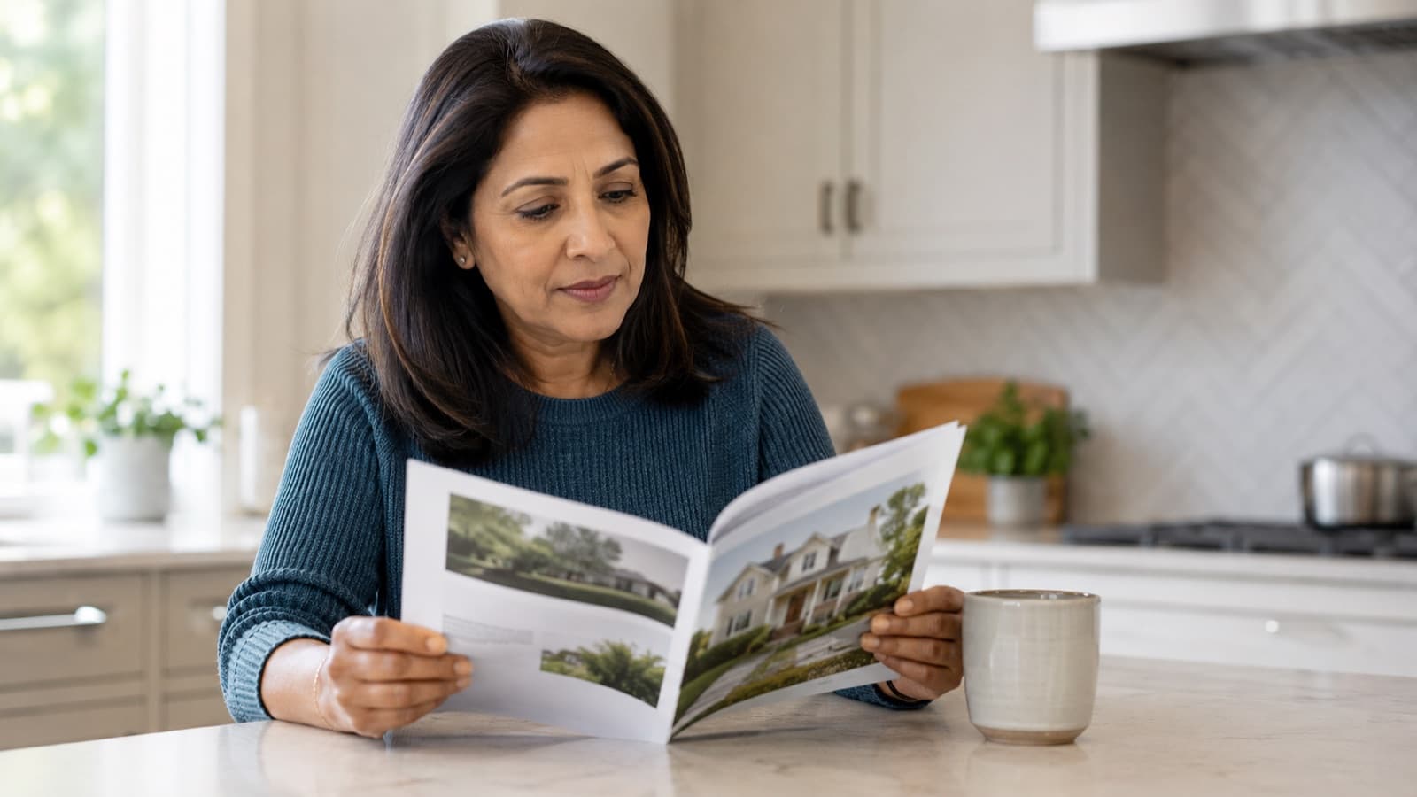 Homeowner reading a printed community newsletter at her kitchen counter