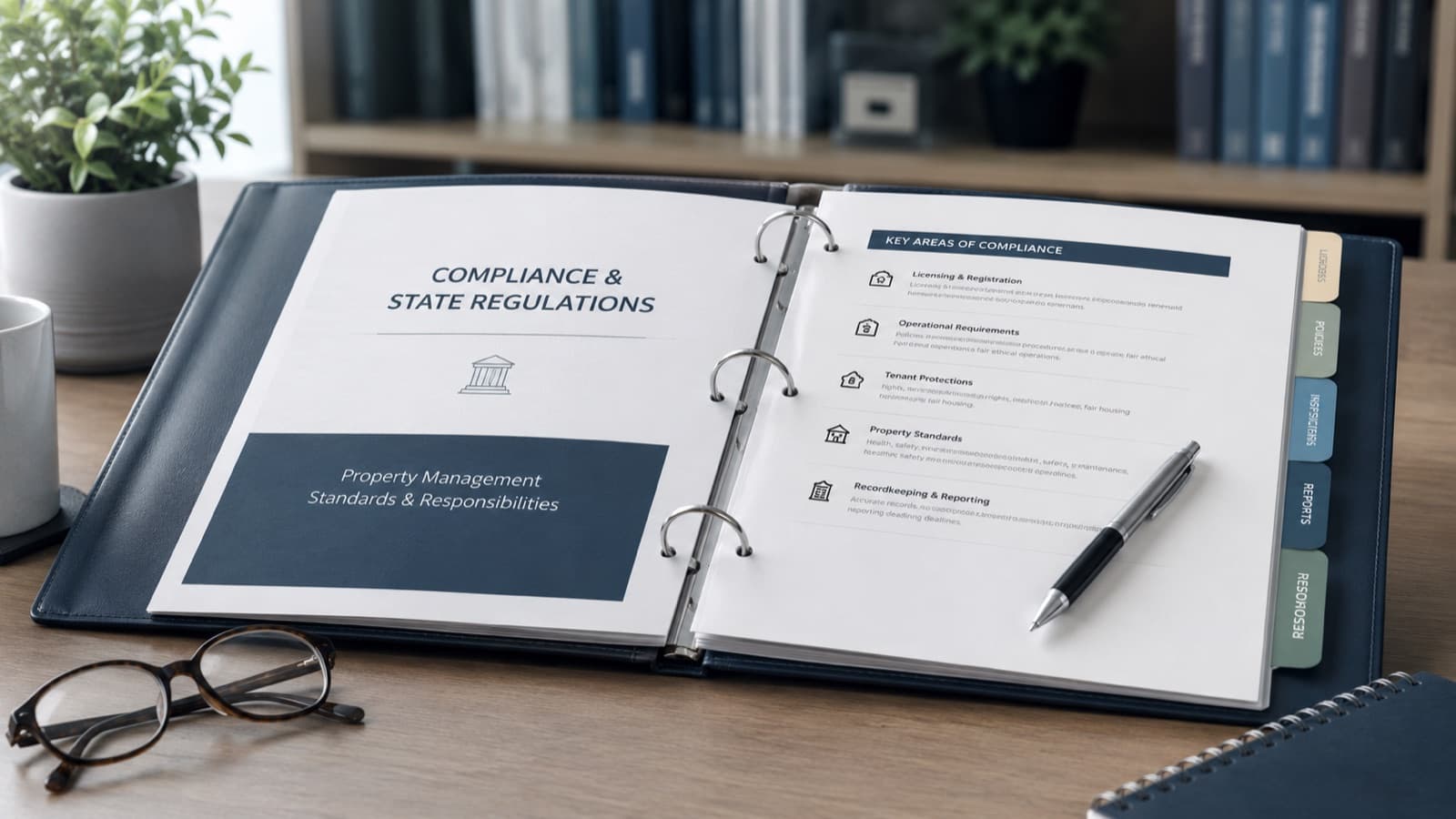 Open binder of compliance and state regulation documents on a desk