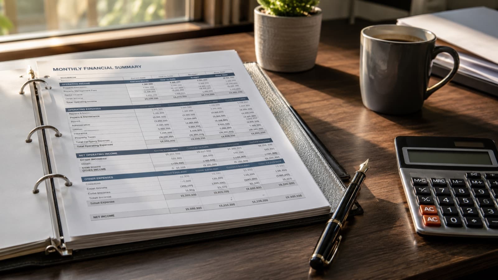 Monthly financial summary open on a desk beside a calculator and pen