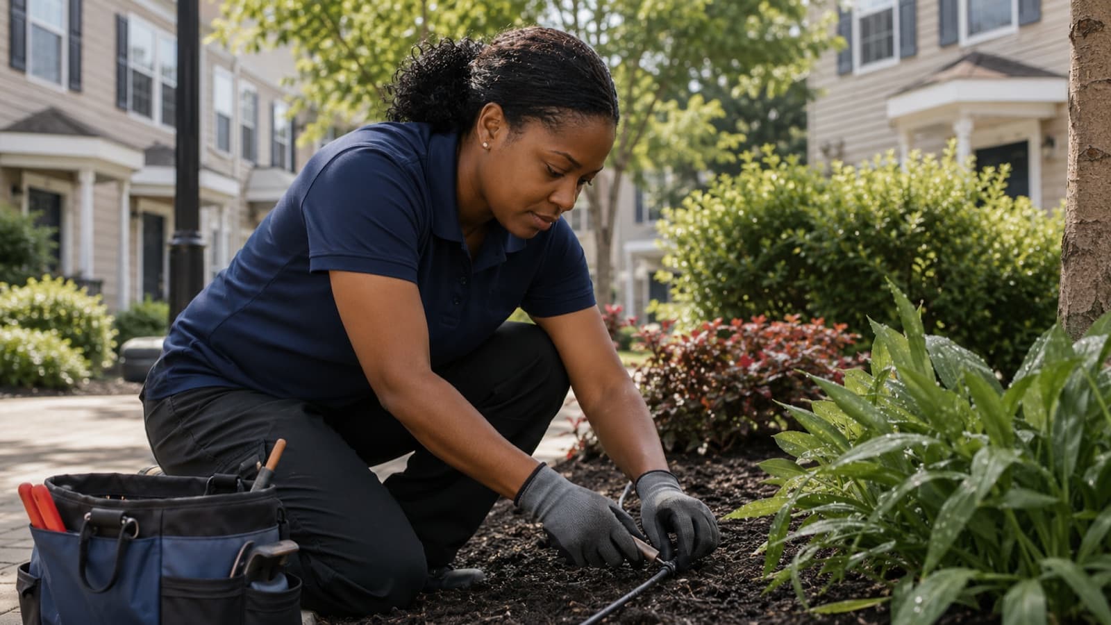 Property management staff member tending to landscaping in a townhome community courtyard