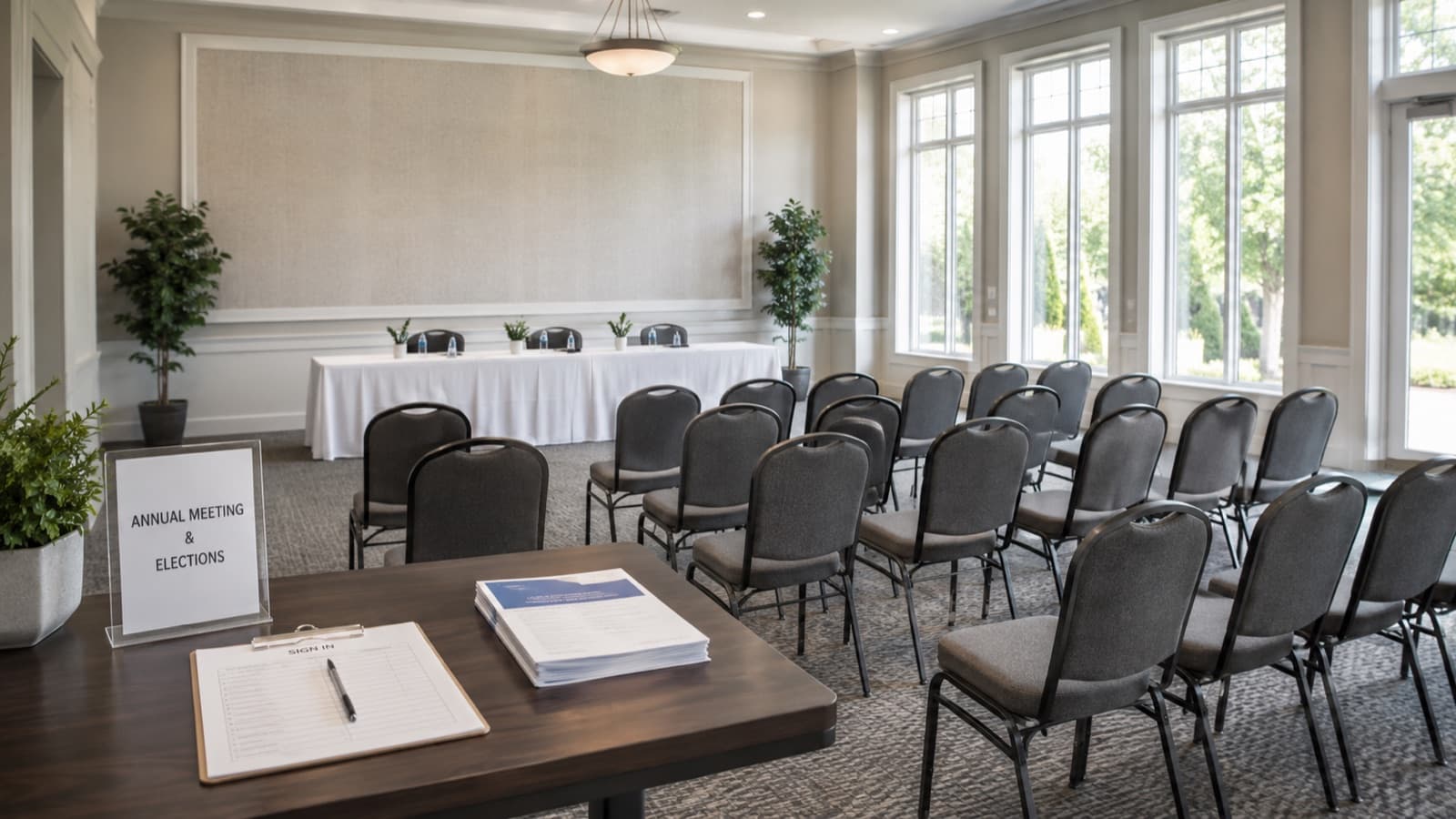 Community meeting room set up with chairs and a sign-in table for an annual association meeting