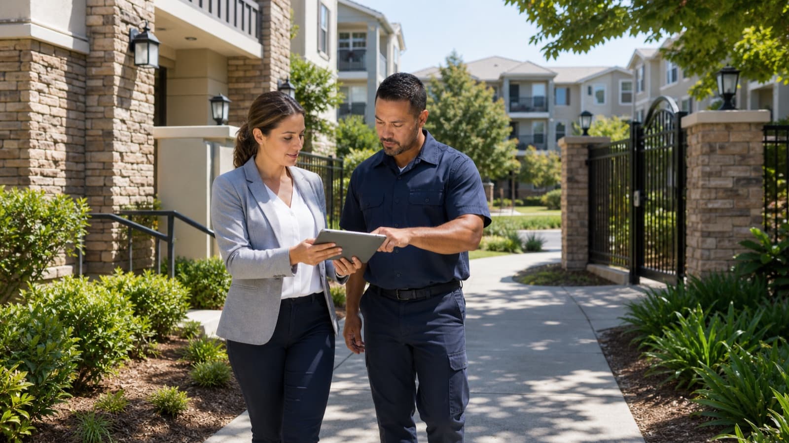 Property manager inspecting work on site with a contractor